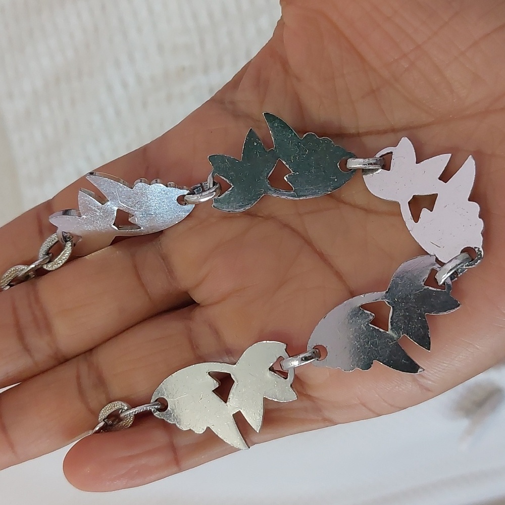 Vintage Signed Germany Multi Texture Silver Tone Leaf Vine Choker Necklace - Picture 7 of 8